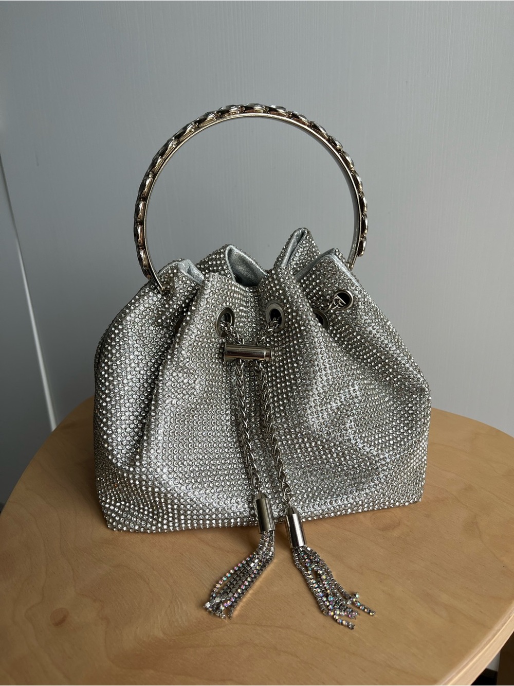 Silver Crystal Drawstring Handbag Clutch